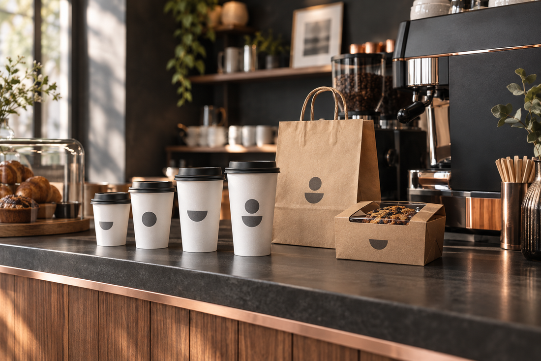 Custom printed paper cups, kraft bag and snack box on a café counter